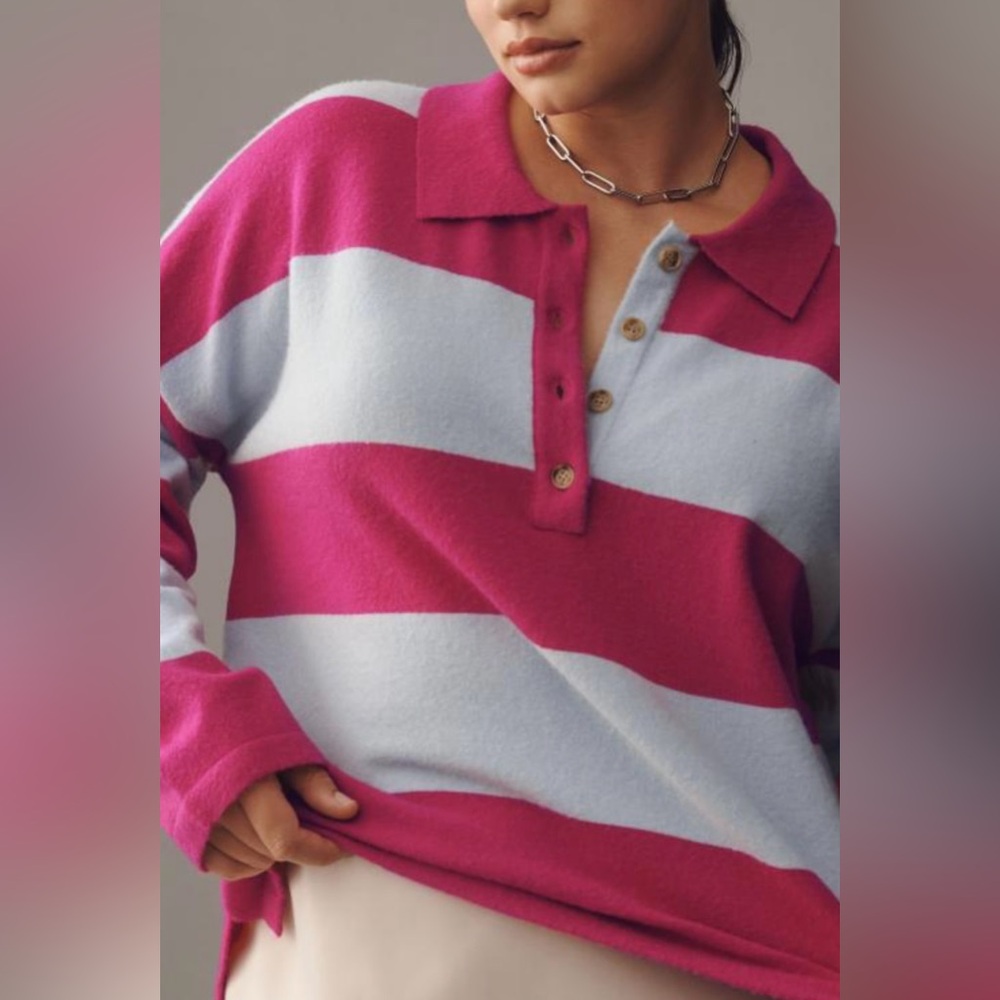 Maeve Pink and Light Blue Striped Polo Sweater